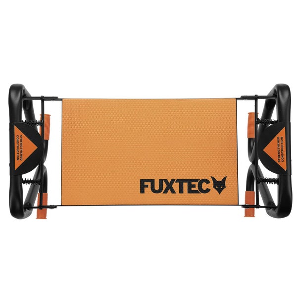 Fuxtec Kniebank und Gartenhocker mit Metallrahmen und orangefarbener Polsterfläche, verstärkte Konstruktion, Fuxtec Logo.