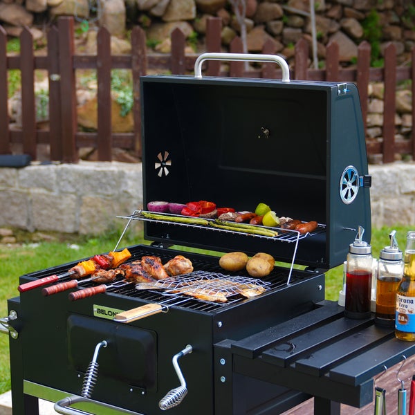 BELONID Holzkohlegrill mit Deckel, Grillfläche: 56×42.5 cm, Höhenverstellbare Kohlenwanne, Faltbarer Seitentisch, Mit Grillabdeckungen Wasserfest