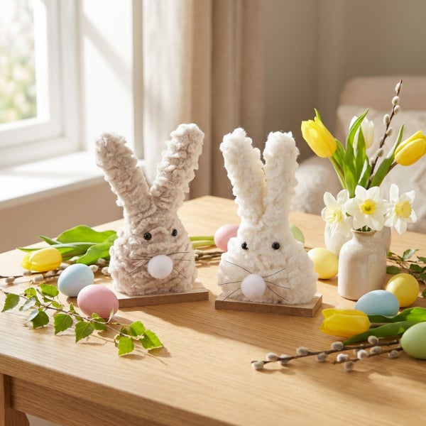 Zwei Osterhasen Figuren aus Plüsch auf Holzsockel als Dekoration auf einem Tisch mit Tulpen und Ostereiern.