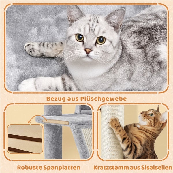 Detailansicht eines Katzenkratzbaums mit Plüschbezug, robusten Spanplatten und Kratzstamm aus Sisalseilen