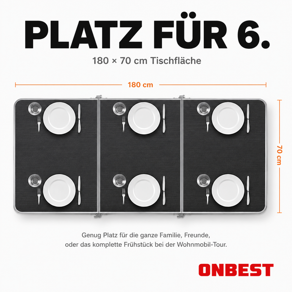 Klappbarer Campingtisch in Dunkelgrau mit Gedeck für sechs Personen, Maße 180 mal 70 Zentimeter, ONBEST Logo.