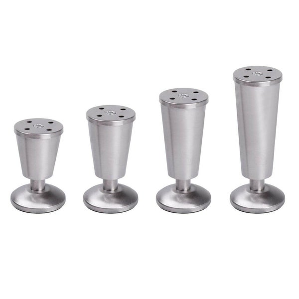 Möbelbeine aus gebürstetem Metall in vier verschiedenen Höhen, konische Form mit rundem Standfuß.