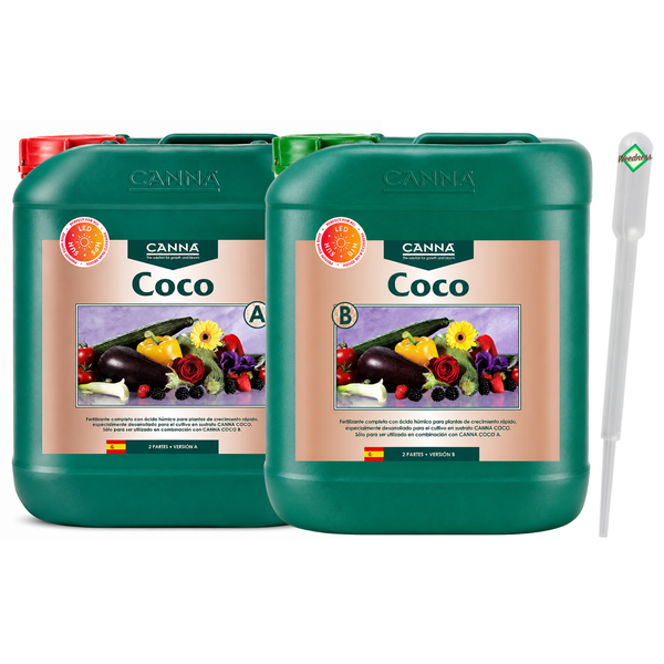 Zwei Kanister CANNA Coco A und B Pflanzendünger für Kokossubstrat inklusive Dosierpipette.