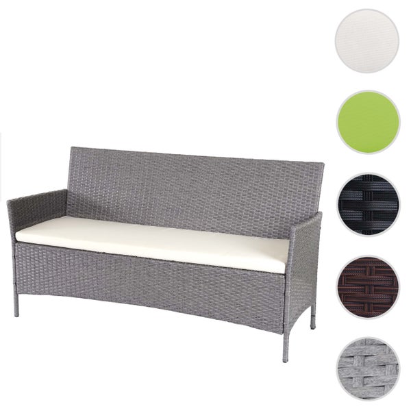 Polyrattan Gartensofa in Grau mit cremefarbener Sitzauflage und Farbmustern für Geflecht und Polster.