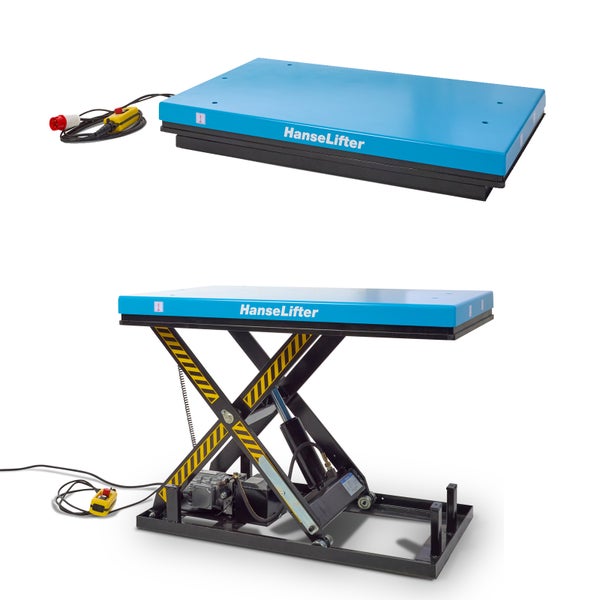 HanseLifter Scherenhubtisch, stationär, in eingefahrener und ausgefahrener Position dargestellt, mit Handsteuerung.