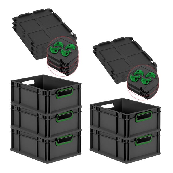 PROREGAL SparSet 5x Eurobox NextGen Color mit Auflagedeckel und Schiebeschnappverschlüsse, HxBxT 17x30x40cm, 16 Liter, Schwarz, Griffe grün offen, Eurobehälter, Transportbox, Transportbehälter, Stapelbehälter