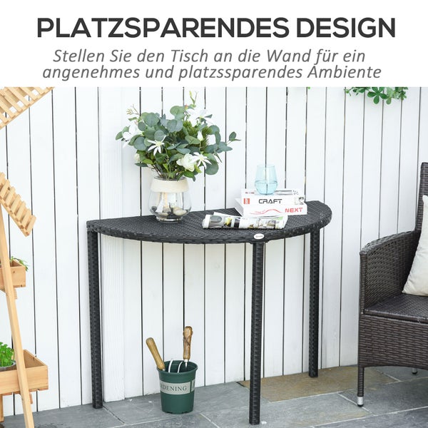 Outsunny Balkontisch Garten Beistelltisch Tisch Gartenmöbel halbrund Polyrattan Metall Schwarz 100 x 50 x 74 cm