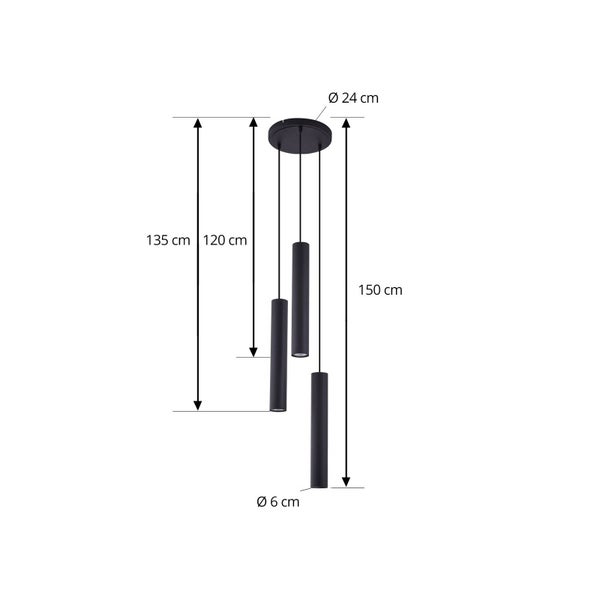 Abmessungen einer Hängeleuchte mit drei Lampen