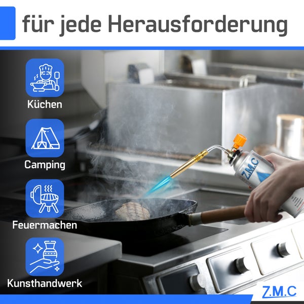 Z.M.C ALLZWECKBRENNER Gasbrenner 1,65 kW + 8x Gaskartuschen 227g, Lötbrenner bis zu 1371 °C, Schweißbrenner Bunsenbrenner mit einstellbarer Flamme, Abflammgerät Lötlampe ideal für Werkstatt