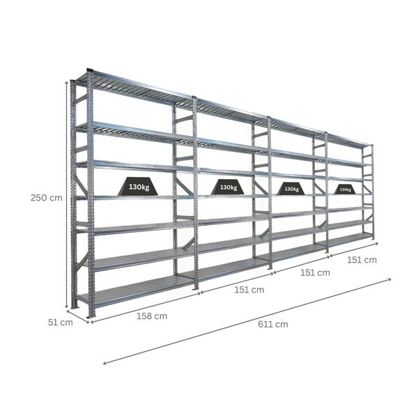 Metallregal mit mehreren Regalböden und Maßangaben.