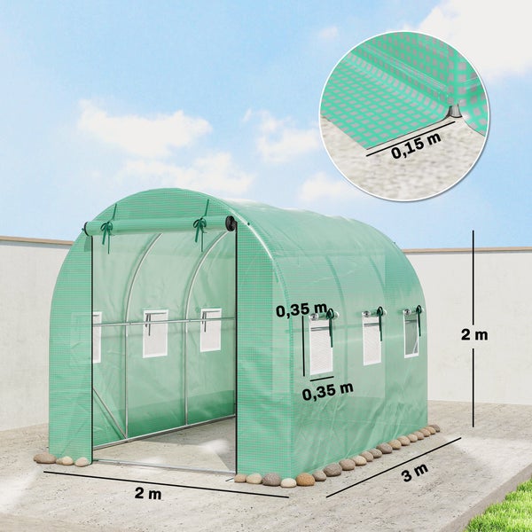 Folientunnel-Gewächshaus mit Gitterfolie, Abmessungen 2 mal 3 Meter, Höhe 2 Meter, Detailansicht der Bodenlasche.