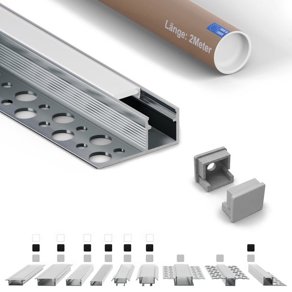Aluminium Einbauprofil für LED Streifen mit Abdeckung und Endkappen, Länge 2 Meter, für Gipskartonplatten