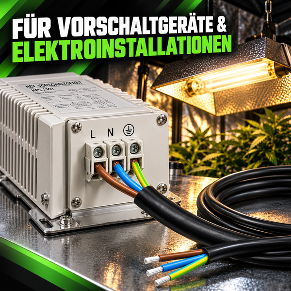 Vorschaltgerät für Natriumdampf Hochdrucklampen und Metallhalogenlampen mit Anschlusskabel für Elektroinstallationen in einem Gewächshaus.