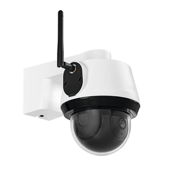 ABUS WLAN-Schwenk-Neige-Außenkamera in Weiß und Schwarz mit Wandhalterung und Antenne.