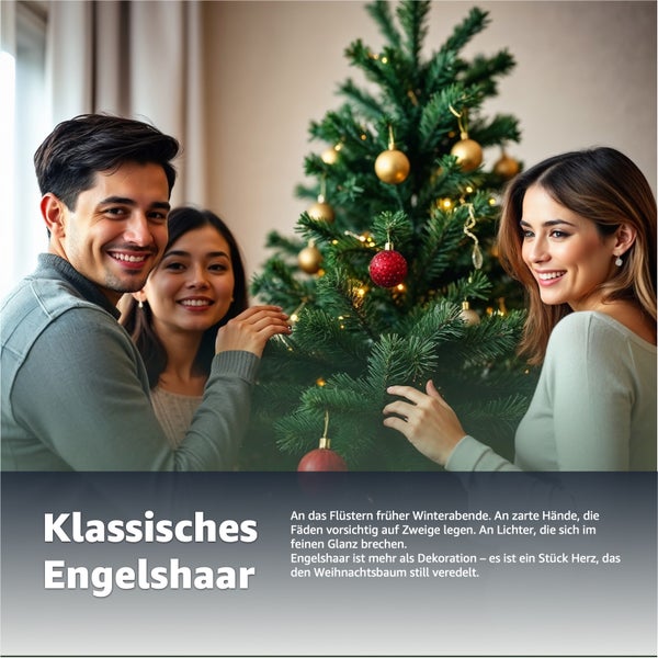Familie schmückt Weihnachtsbaum mit Christbaumkugeln und Lametta