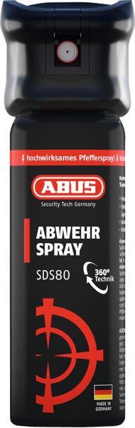 ABUS Logo. ABUS Abwehrspray SDS80, hochwirksames Pfefferspray mit 360 Grad Technik zur Tierabwehr, hergestellt in Deutschland.