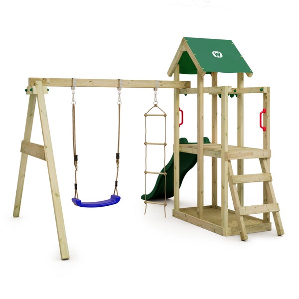 WICKEY Spielturm Klettergerüst TinyPlace mit Schaukel und Rutsche, Kletterturm mit Sandkasten, Leiter und Spiel-Zubehör - grün