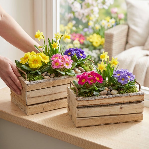 Zwei rechteckige Holzkisten bepflanzt mit bunten Frühlingsblumen wie Primeln und Narzissen auf einer Fensterbank.