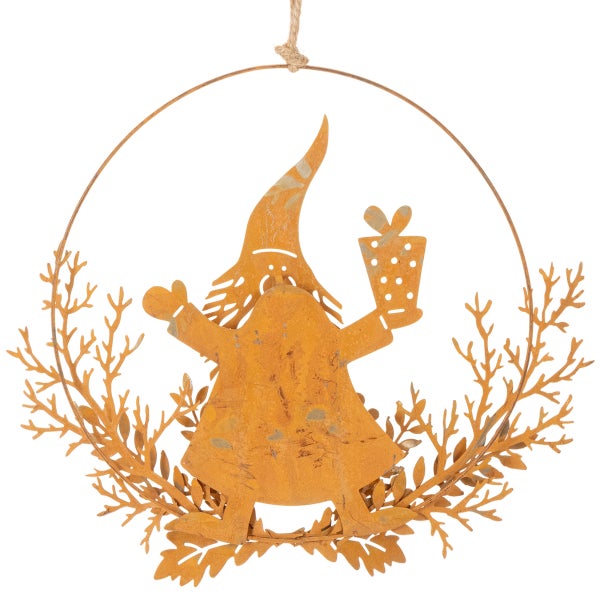 Weihnachtsdekoration aus Metall, Wichtel mit Geschenk im Kranz mit Zweigen, Rost-Optik, zum Aufhängen