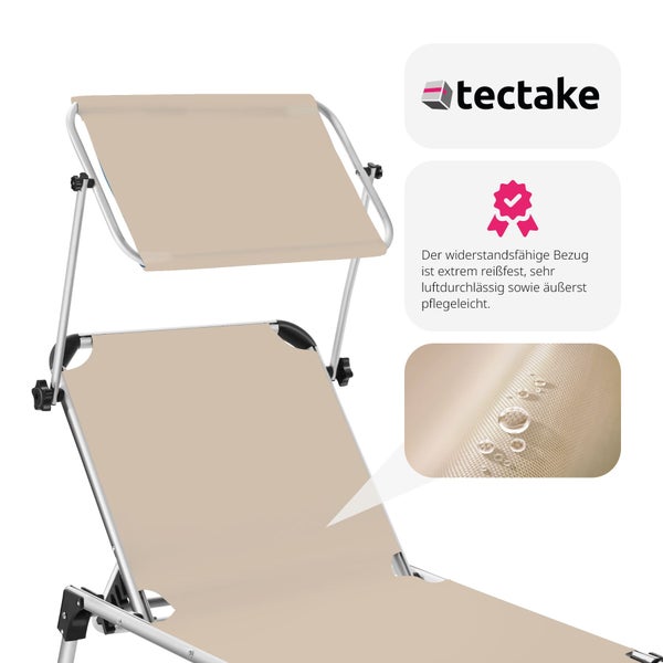 Detailansicht eines Liegestuhls mit sechsfach verstellbarer Rückenlehne, rostfreiem Aluminiumgestell, individuell einstellbarem Sonnendach und stabilen Fußkappen