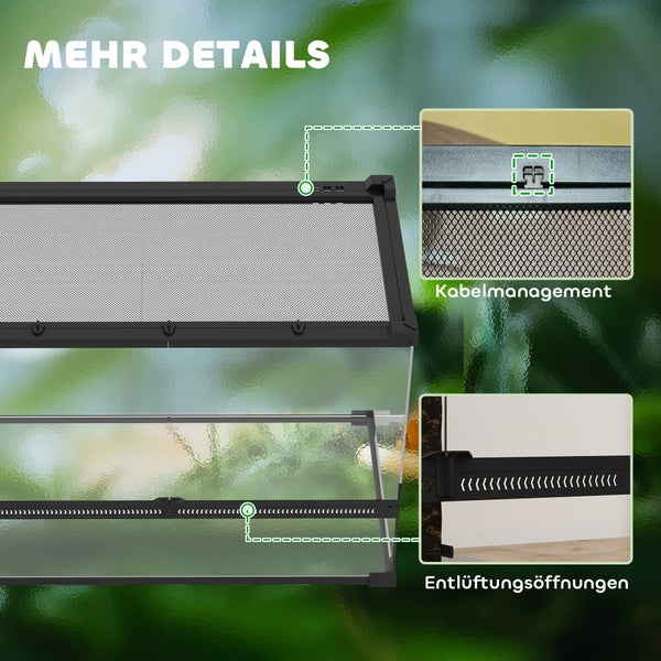 Terrarium mit Kabelmanagement und Belüftungsöffnungen für detaillierte Ansicht