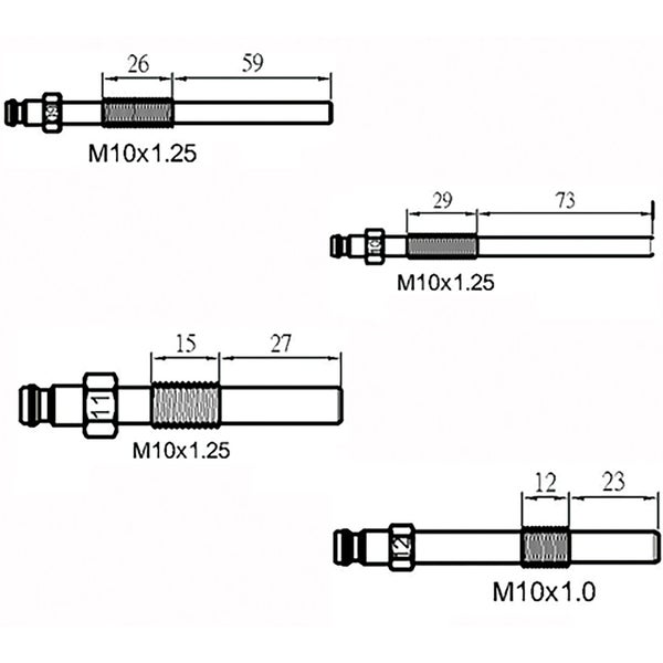 Technische Zeichnung verschiedener M10x1.0 Schlauchverbinder mit Maßangaben