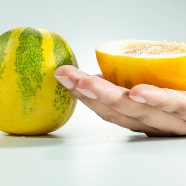 Ganze und halbierte Pepino-Melone in einer Hand.