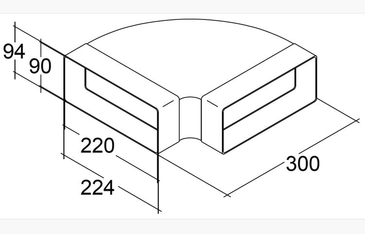 Technische Zeichnung eines Flachkanal Umlenkbogens mit Maßangaben in Millimetern für die Lüftungstechnik.