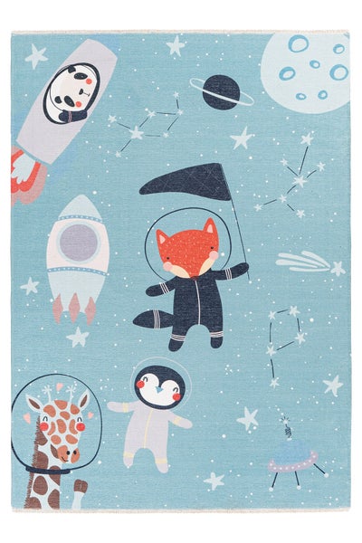Kinderteppich mit Weltraum Motiv und niedlichen Tieren als Astronauten auf einem quadratischen Teppich für das Kinderzimmer