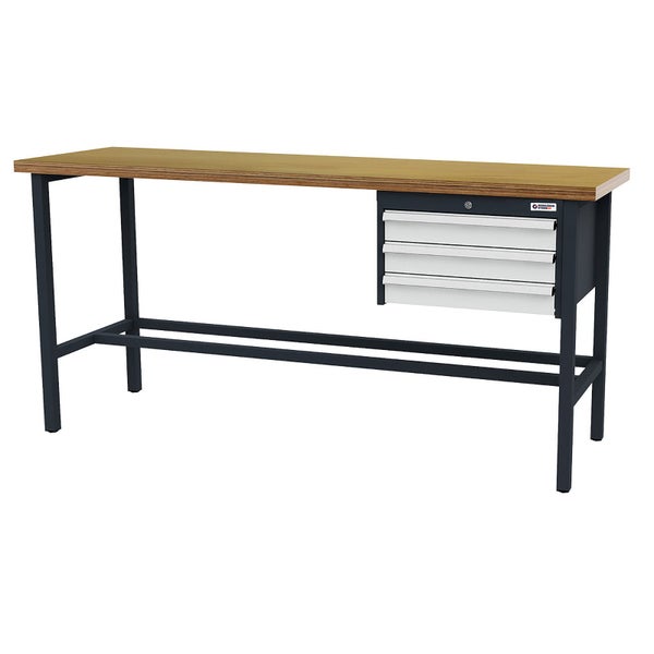 Werkbank mit massiver Holzplatte, robustem Metallgestell und drei integrierten Schubladen.