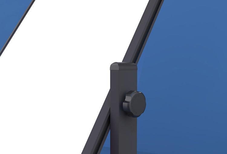 Detailansicht eines Gestells mit Verstellknopf zur Höhenregulierung oder Neigungseinstellung.