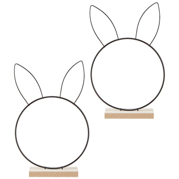 Zwei Hasenohren Dekorationen aus Metall mit Holzfuß