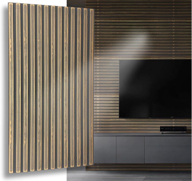 Wandpaneel mit Lamellenoptik als Dekorelement für eine moderne Wohnzimmerwand hinter einem Fernsehgerät.
