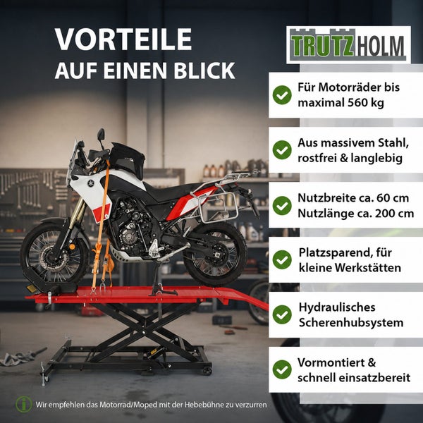 Trutzholm Logo. Hydraulische Scherenhebebühne für Motorräder bis 560 Kilogramm aus massivem Stahl. Maße circa 200 mal 60 Zentimeter.