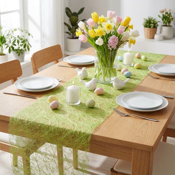 Festlich gedeckter Esstisch mit grünem Tischläufer, Frühlingsblumen in Glasvase, Kerzen, Porzellanfiguren und Dekoeiern als Osterdekoration.