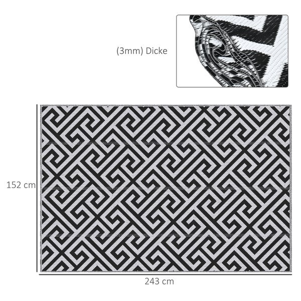 Outsunny Outdoor-Teppich, Kunststoffteppich mit Doppelseitigem Design, Wasserabweisender Balkonteppich, für Terrasse, Camping, Schwarz+Weiß, 152 x 243 cm