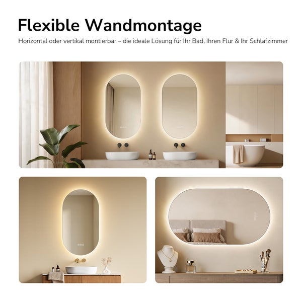 Ovaler LED-Spiegel mit indirekter Beleuchtung, flexibel vertikal oder horizontal montierbar in modernem Badezimmer und Schlafzimmer.