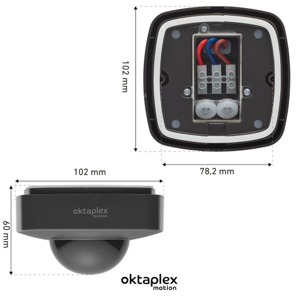 oktaplex motion Bewegungsmelder mit Maßen von 102 Millimeter Breite, 102 Millimeter Höhe und 60 Millimeter Tiefe. oktaplex motion Logo.