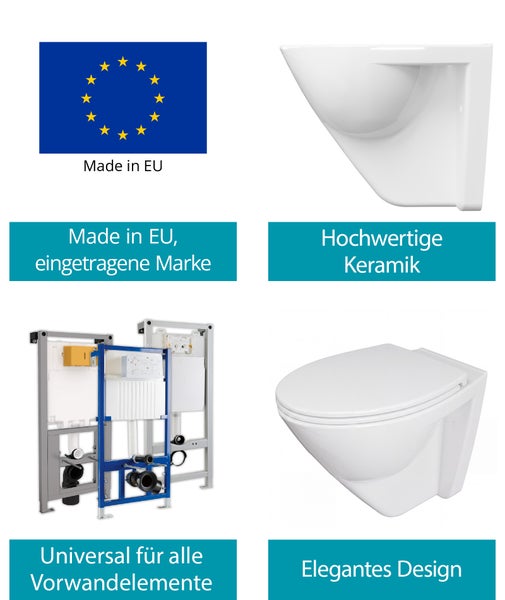 Informationstafel zu Produktvorteilen eines Wand WCs, unter anderem hergestellt in der Europäischen Union, hochwertige Keramik und universell.