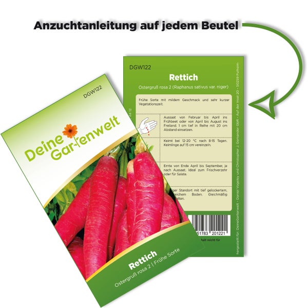 Samentüte für Rettich Ostergruß rosa 2 von Deine Gartenwelt mit Anbauanleitung auf der Rückseite.