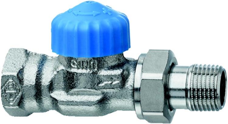 Heizkörperventil aus Metall mit blauer Schutzkappe und Gewindeanschluss.