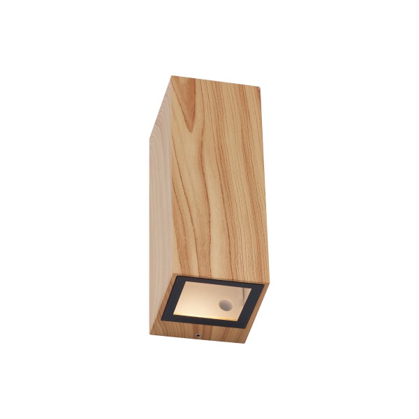 Moderne Wandleuchte aus hellem Holz in rechteckiger Form.