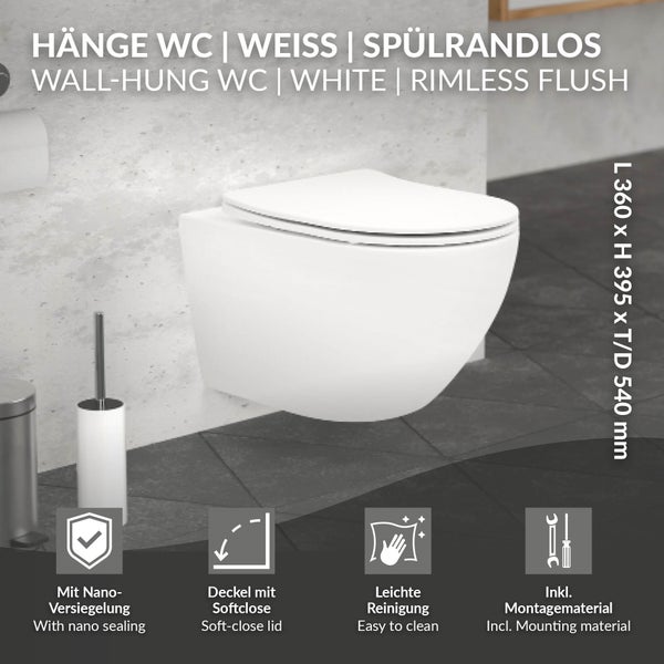 Wandhängendes spülrandloses WC mit Nano-Versiegelung und Softclose-Funktion