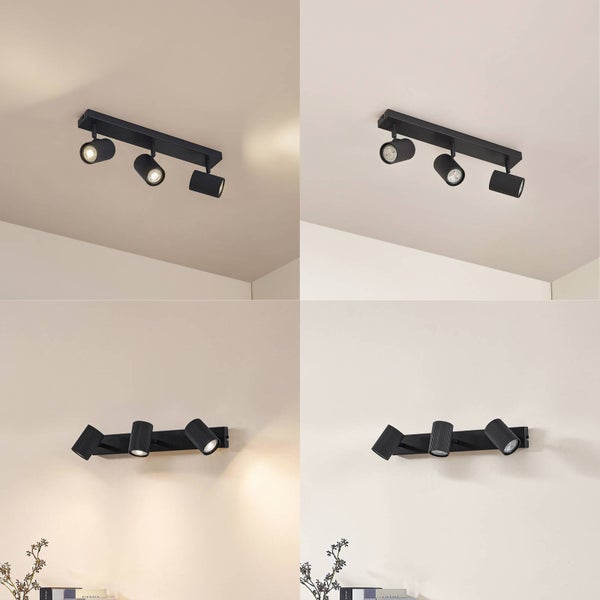 Deckenleuchte mit drei Strahlern in unterschiedlichen Montagevarianten