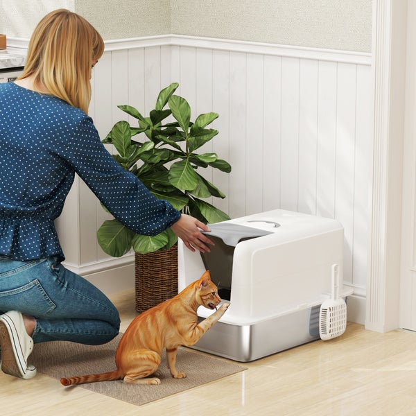 PawHut Katzenklo, Katzentoilette mit Deckel, Wanne aus Edelstahl, eingebauter Streufilter, inklusive Streuschaufel, für Katzen bis 6 kg, Weiß