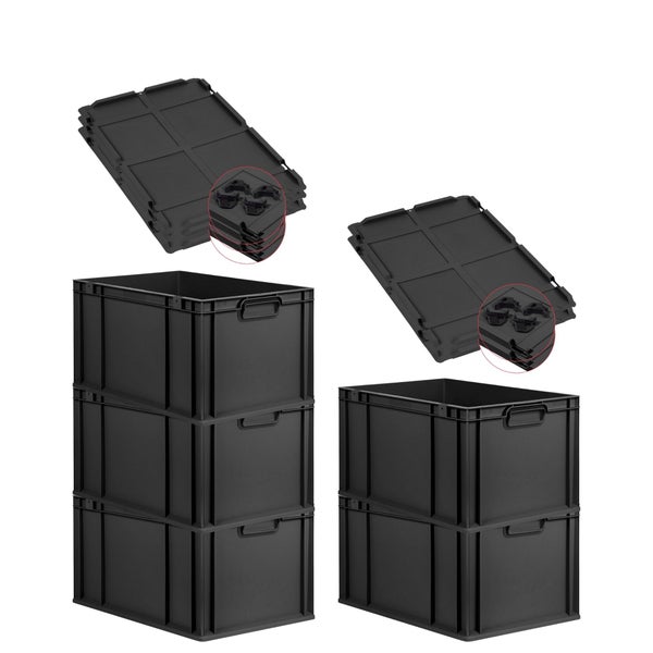 PROREGAL SparSet 5x Eurobox NextGen Grip mit Auflagedeckel inkl. 4 schwarzen Schiebeschnappverschlüssen, HxBxT 32x40x60cm, 65 Liter, Schwarz, Griffe geschlossen, Verstärkter Boden, Eurobehälter, Transportbox, Transportbehälter, Stapelbehälter