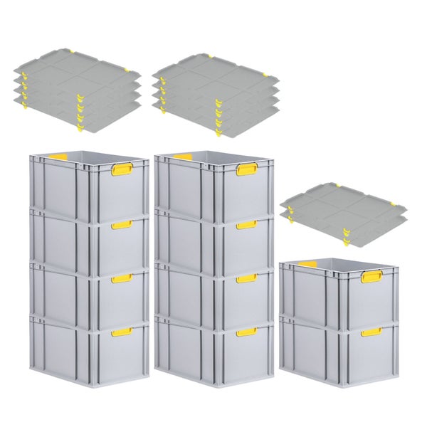 PROREGAL Spar Set 10x Eurobox Nextgen Color Mit Auflagedeckel & Schiebeschnappverschlüsse HxBxT 32 x 40 x 60 cm Griffe Gelb Verstärkter Boden