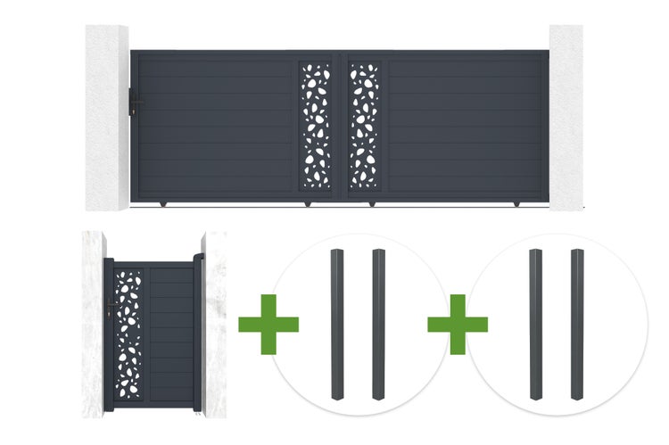 Set aus Aluminium-Einfahrtstor, Pforte und vier Pfosten in Anthrazit mit horizontalen Lamellen und Lochblech-Dekor.