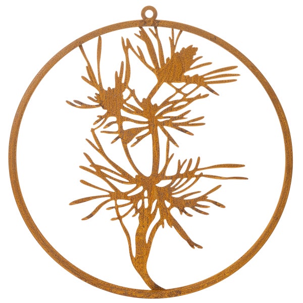 Wanddekoration aus Metall in Rostoptik mit Distel-Motiv im Kreis.