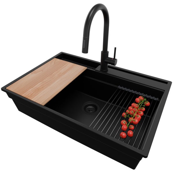 PRIMAGRAN Granitspüle Alles Schwarz 78x53cm, Spülbecken 1 Becken + Küchenarmatur 40x20cm + Ablauf-Set + Küchenzubehörset, Küchenspüle ab 80er Unterschrank - Oslo Pocket